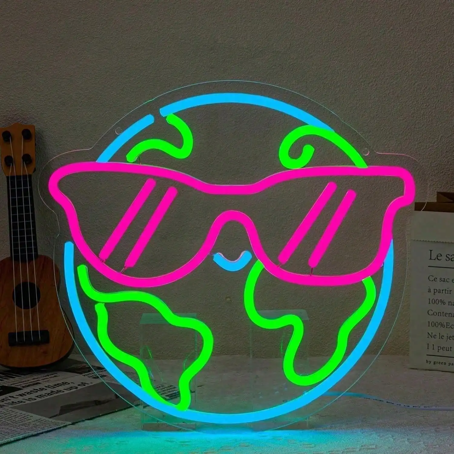 Cool Earth Planet Neon Sign Dimmable USB LED Neon Light for Bedroom Surf Shop Travel Boutique Dorm Room Beach Themed Party Decor