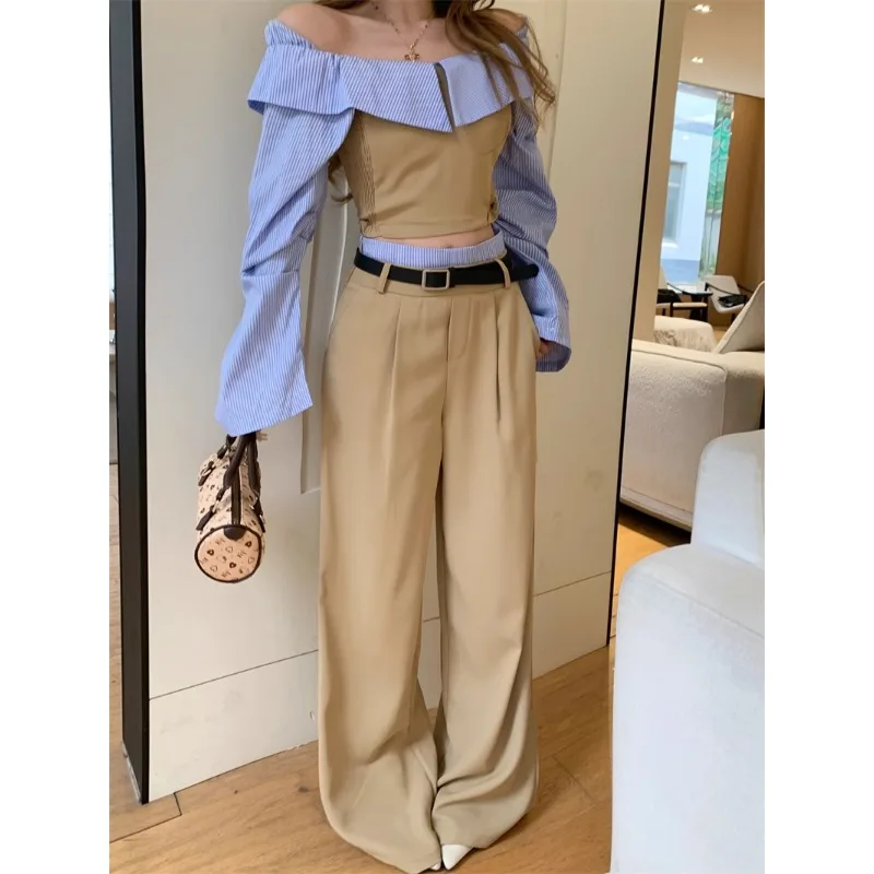 2024 Autumn New Off-shoulder Striped Sexy Long Sleeve Shirt Women + Contrast Color Patchwork Loose Wide Leg Pants Two-piece Suit