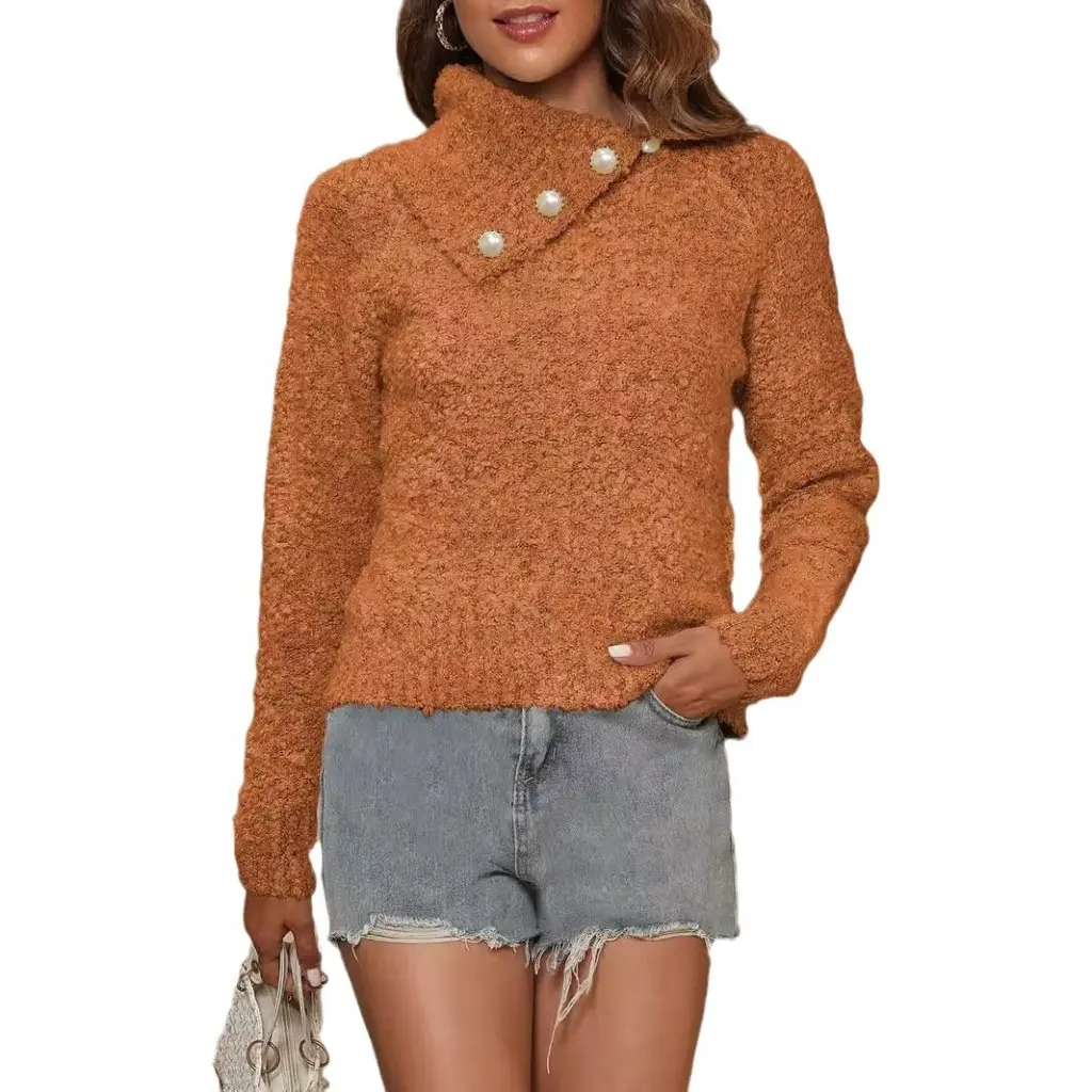 

Women's Thickened Base Shirt Pullover Sweater Pearl Buckle Decorative European And American Style Irregular Large Lap Design