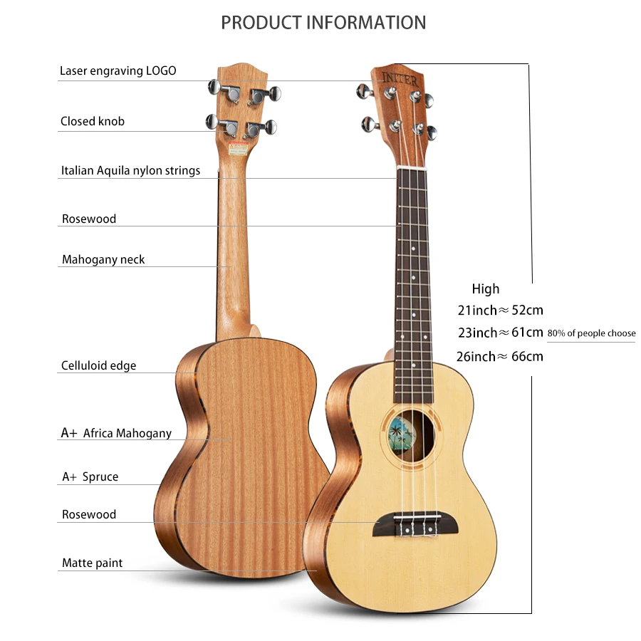 INITER Ukulele ukelele 23/26 InchConcert/tenor guitar High Quality spruce ukuleles Small Hawaii Guitars for beginner&Free access