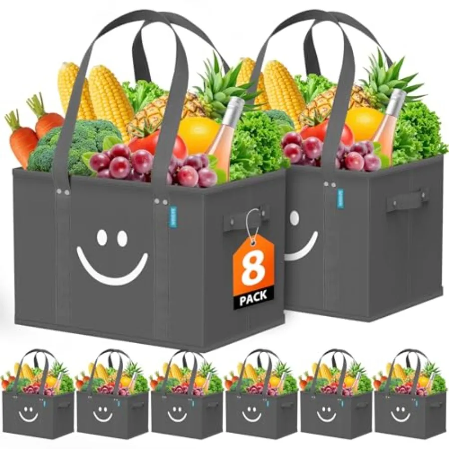 

Reusable Grocery Bags 8 Pack - Collapsible Tote Shopping Bags with Sturdy Handles and Bottom to Stands Upright, Grey