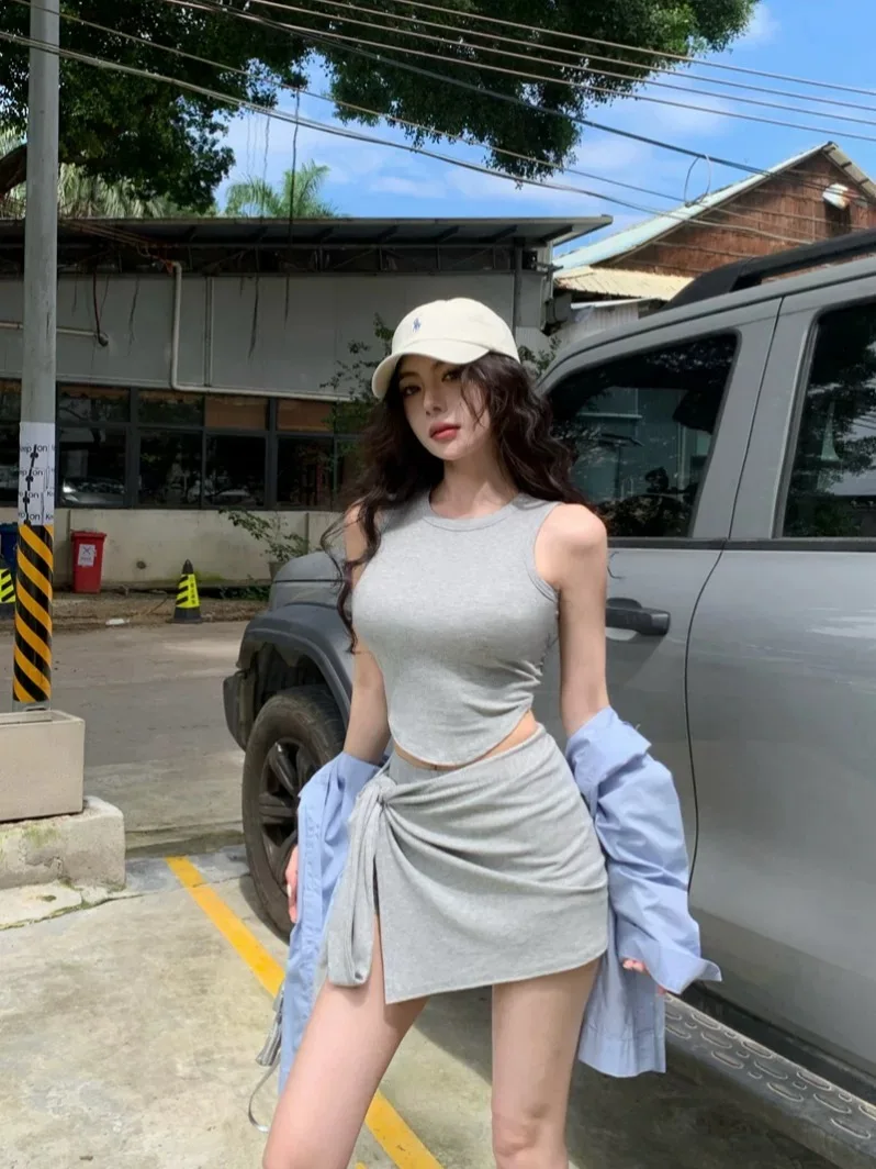 

Summer 2025 New Spicy Girl Sle ter Vest Sweet Spicy Girl Set f-length Straight Skirt Pants Tee-piece Cotton round N...