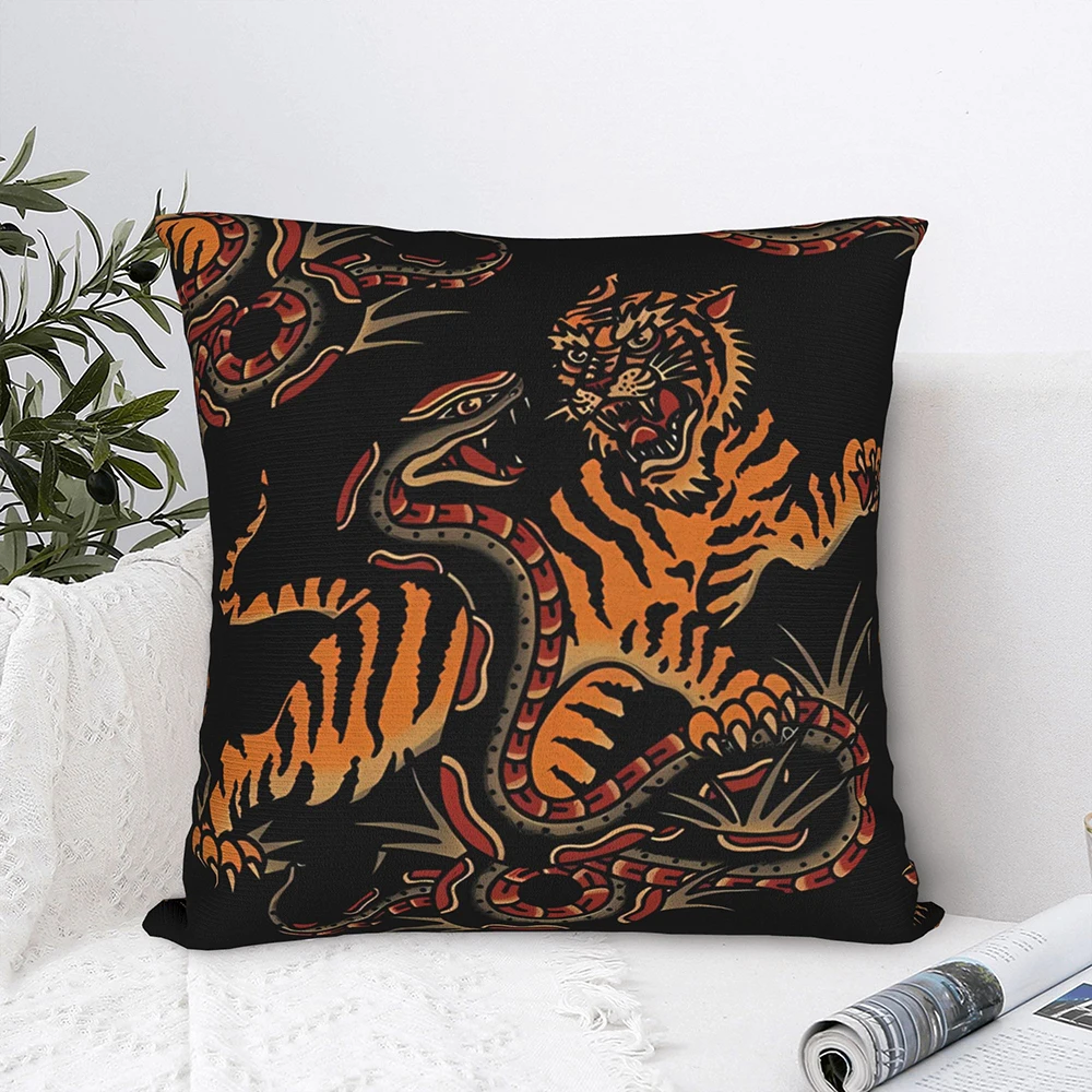 2D-Flat Luxury Animal Print Throw Pillow Covers, Vintage Crown Black Cat, Cute Dogs, Tropical Bird & Retro Tiger Designs