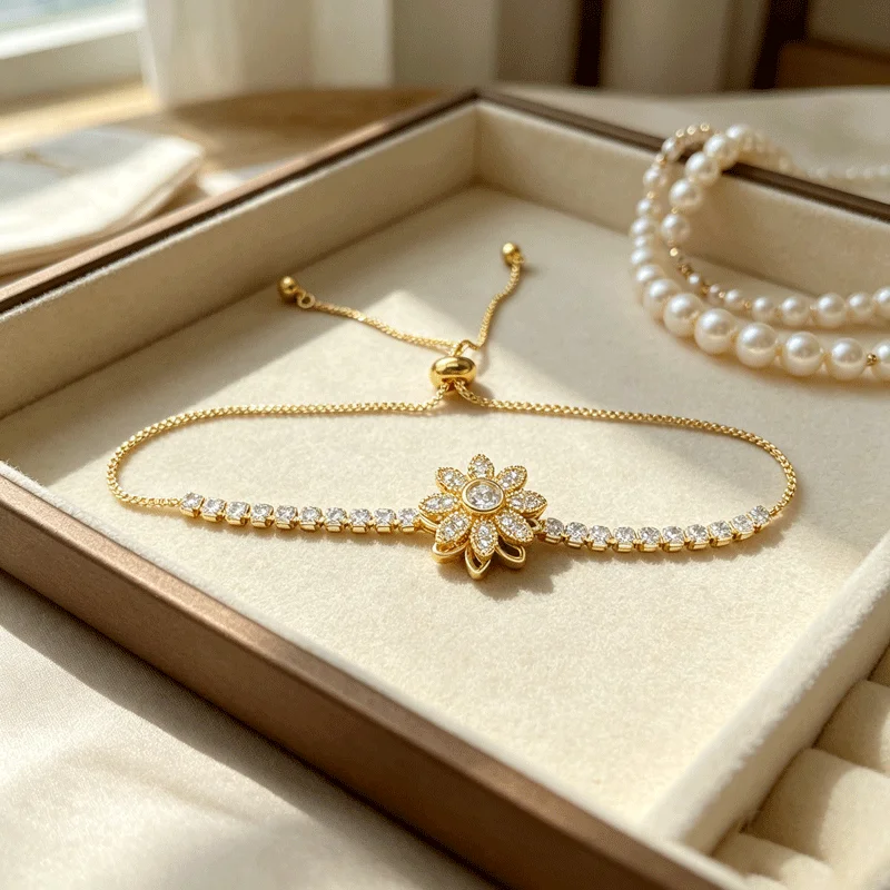 Gold Tone 3D Flower Adjustable Bracelet, Light Luxury Cubic Zirconia Jewelry For Women Daily Wear Wedding Party Gift