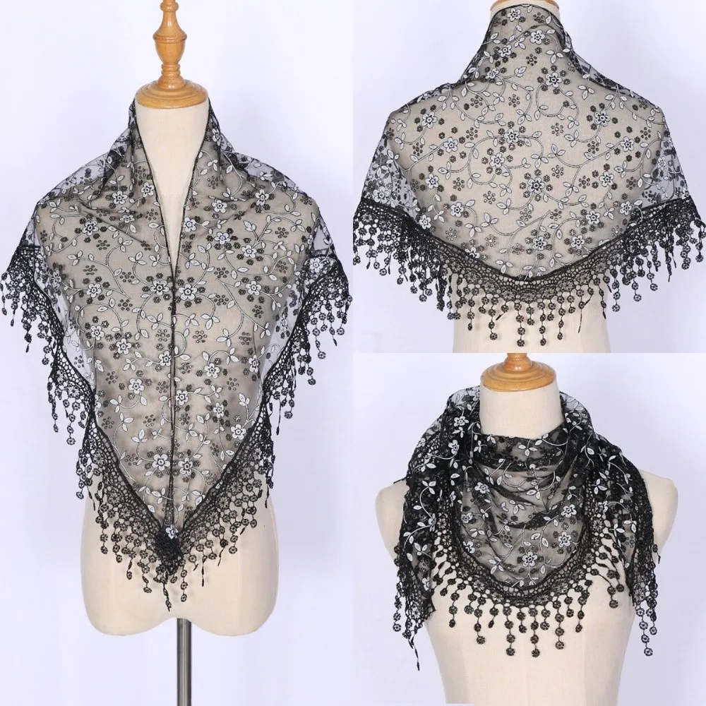 Gifts Triangle Lace Veil Headscarf Breathable Floral Hollow Shawl Lace Triangle Veil Sequined Gauze Scarf