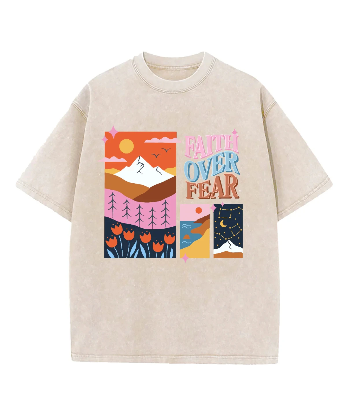 

Футболка с принтом «Вера над страхом»: красочные горы, цветы и ночное небо, летняя хлопковая уличная одежда 2026, мужская повседневная футболка оверсайз