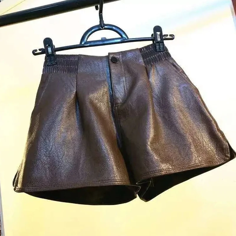 Spring Autumn New Elastic Waist Loose Leather Shorts Solid Color All-match Zipper Wide Leg Pants Fashion Vintage Women Clothing