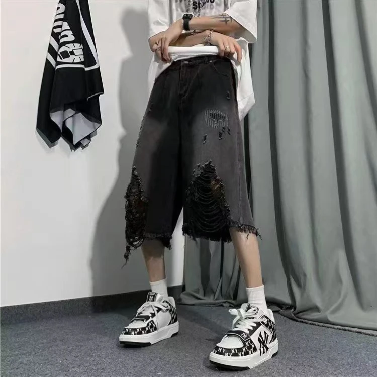 

Distressed Denim Shorts for Men Summer Knee-Length Wide Leg American Retro High Street Urban Fashion Stylish Casual Outfit