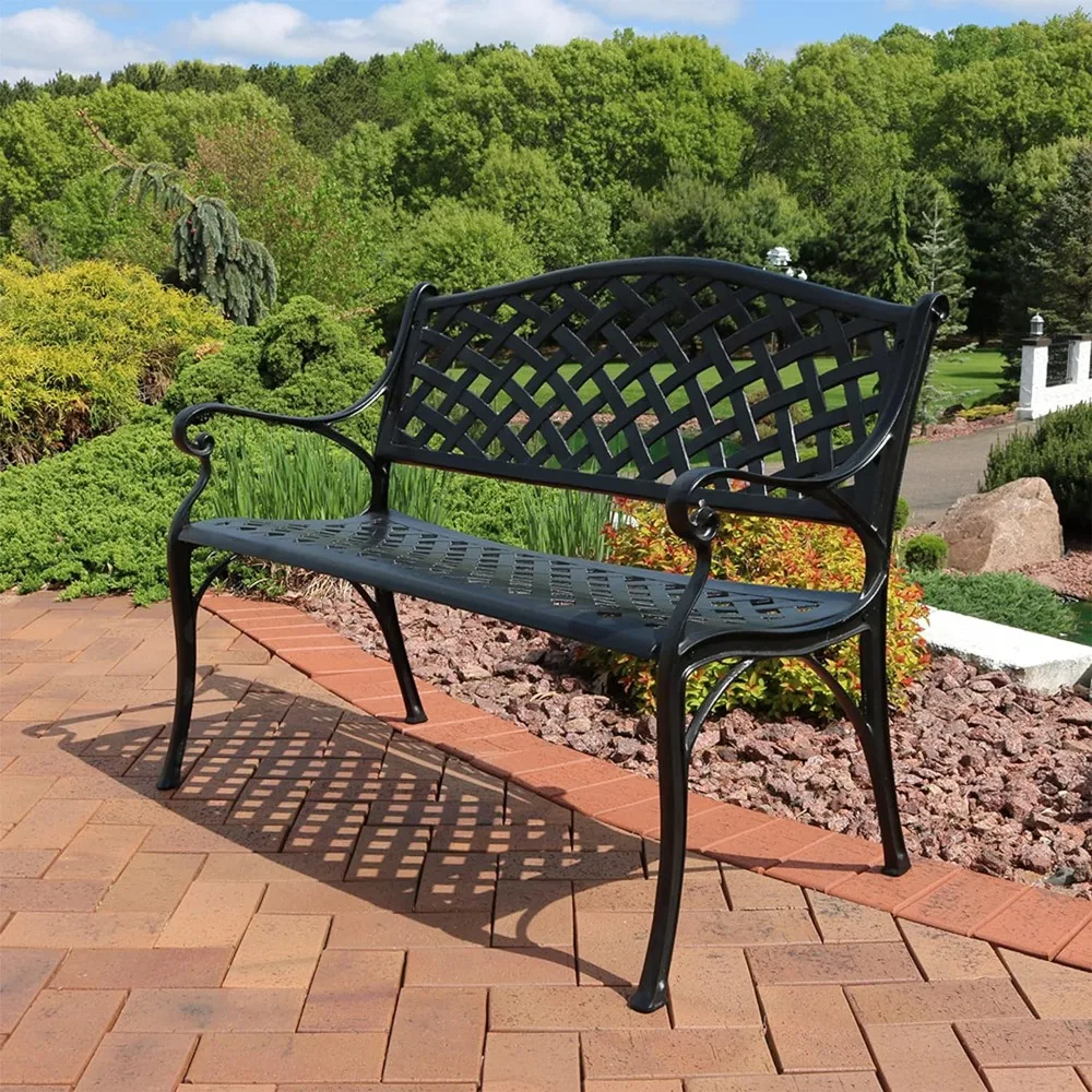 2-person cast aluminum garden bench with grid design -615 pounds load-bearing capacity black free shipping