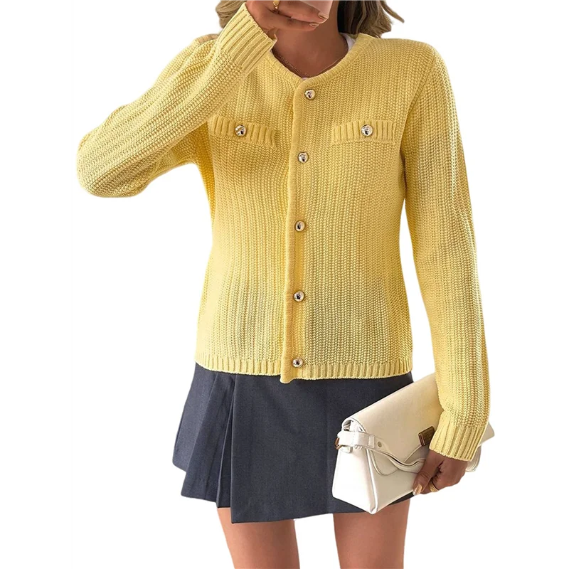 

ABRT-Женский вязаный кардиган, свитера ранней осени с длинными рукавами и открытой передней частью на пуговицах, модная повседневная укороченная куртка