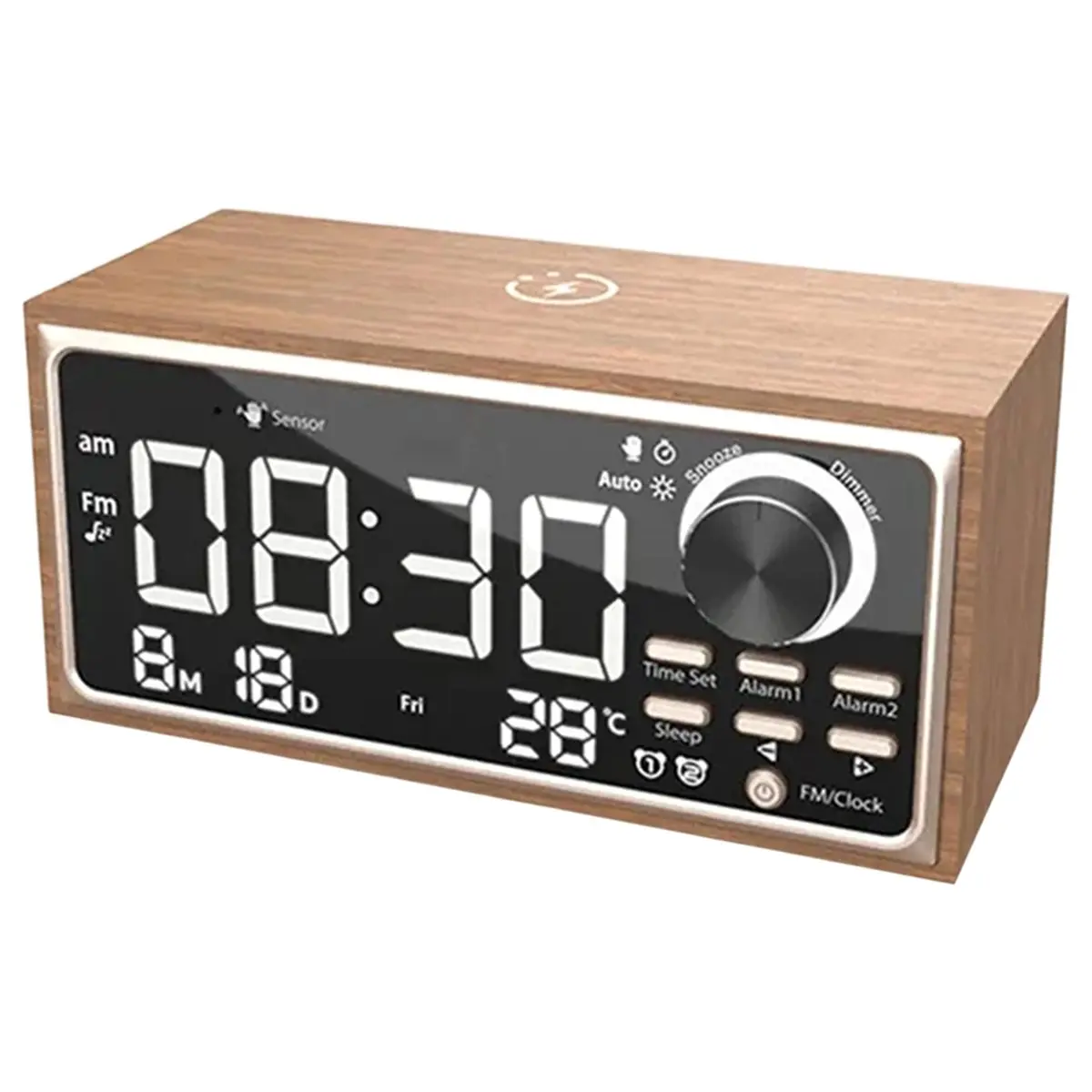 【BRILLIANT 】Solid Wood Clock Vintage FM Radio Wireless Charging LED Display Dimmer Control Calendar for Bedroom Desktop