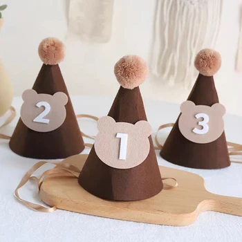 어린이 생일 모자, 다크 브라운 커피 곰 모자, 1, 2, 3 세 아기 모자, 2, 3 세 생일 파티 용품, 사진 소품