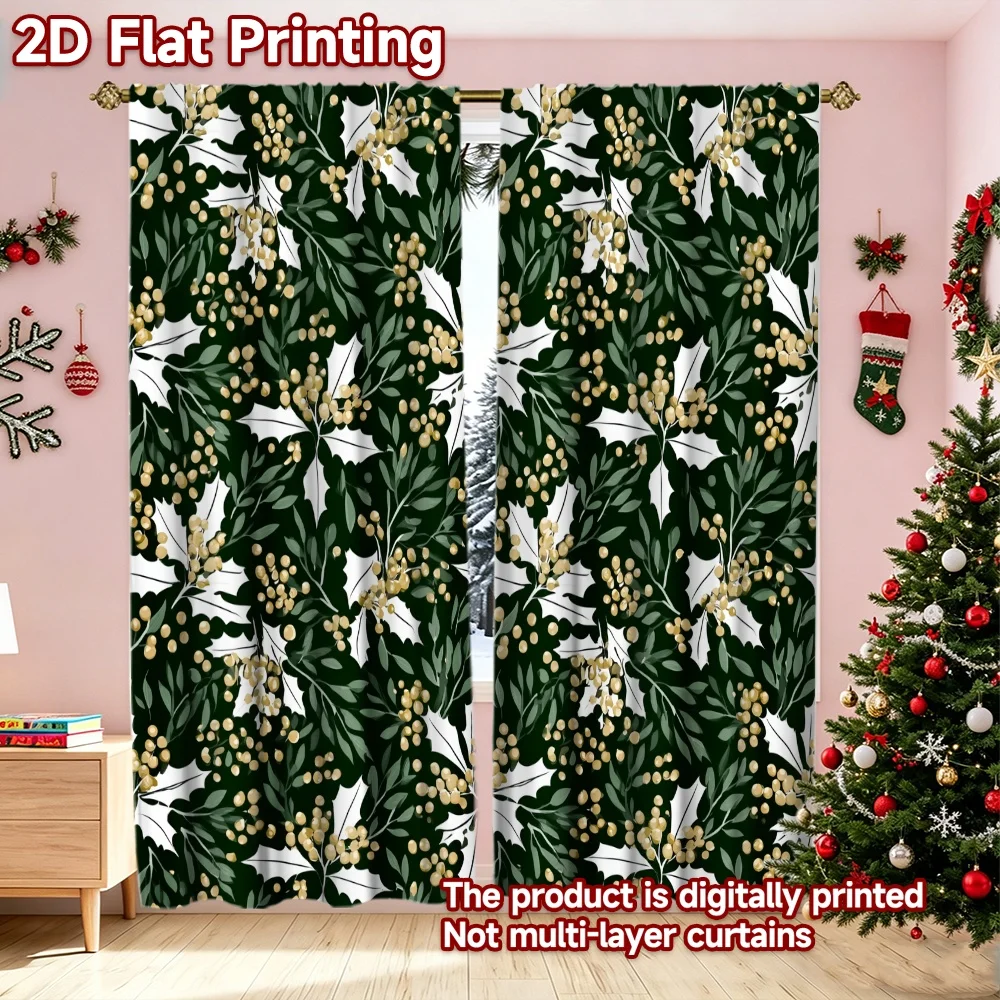 2D flat printing 2pcs Trend Christmas Curtains Christmas Holly Leaves Digitally printed polyester curtains Birthday Party Use