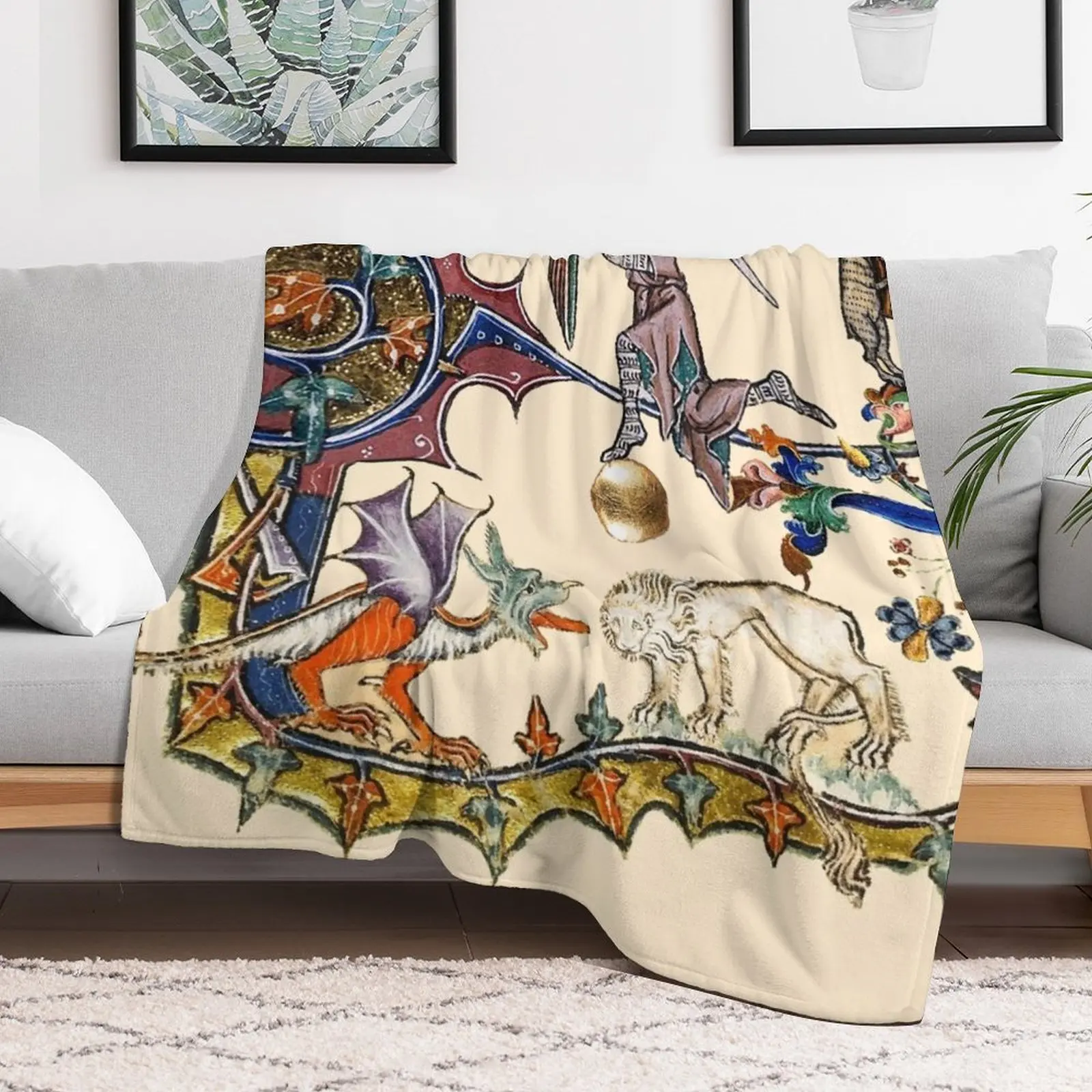 WEIRD BESTIARY,MEDIEVAL KNIGHT FIGHTING SNAIL,DRAGON AND LION by Bulgan Lumini Throw Blanket