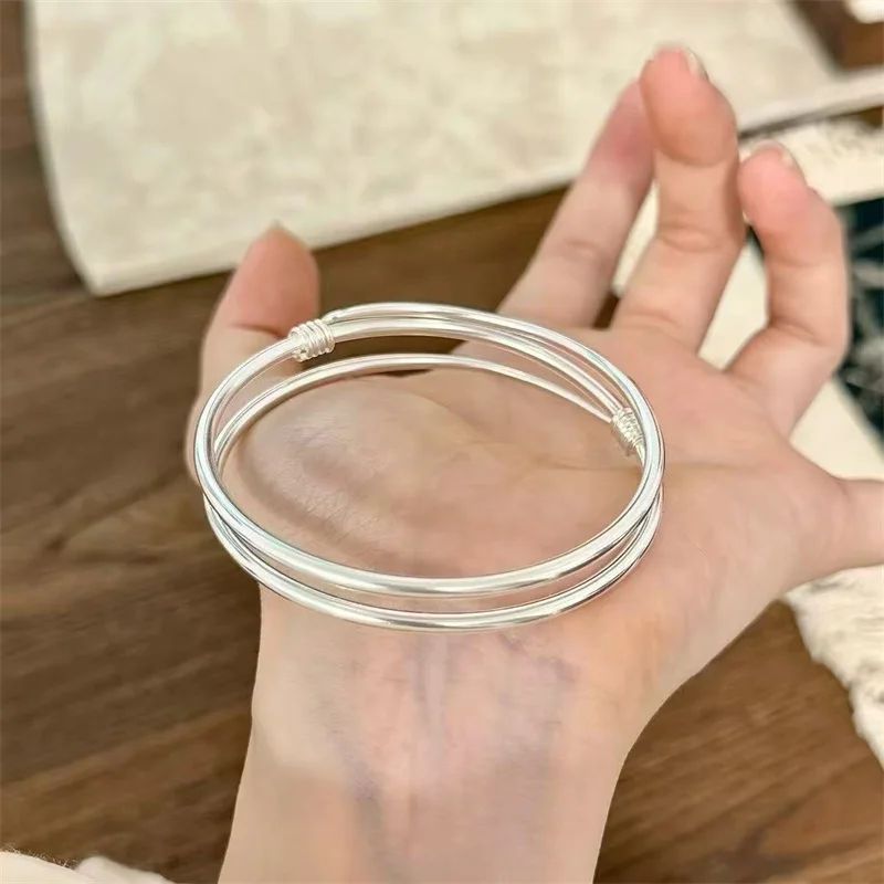 Simple Stackable S999 Sterling Silver Double Circle Bracelet Women Polished Smooth Adjustable Silver Bangle