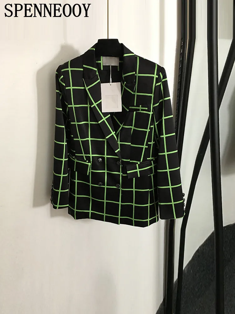 SPENNEOOY Fashion Runway Autumn Green Plaid Long Skirt Suit Women\'s Upside Down Collar Long Sleeve Jacket + A-Line Pleated Skirt