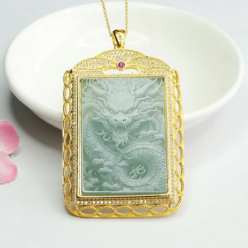 

Jia Le/ Inlaid with Natural Blue Water Jade Shadow Carving Dragon Brand Necklace Pendant Fine Jewelry Men Women Couple Amulet