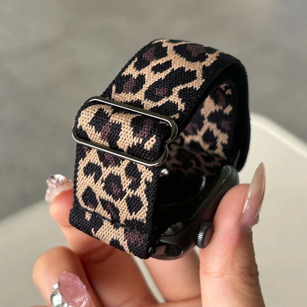 Leopard Stretchy Nylon Watch Band Compatible With iWatch Adjustable Leopard Strap For Apple Watch Series 11 10 9 8 7 6 5 4 3 SE