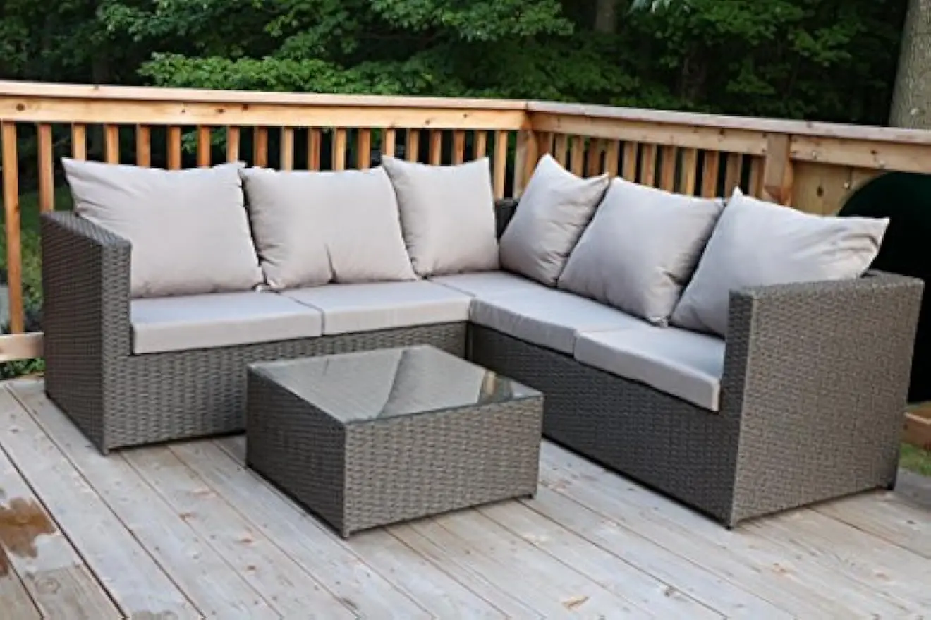 

4 Pc Modern Rattan Wiker Sectional Sofa Set Outdoor Patio Furniture - Fully Assembled - Aluminum Frame with Ottoman - Grey