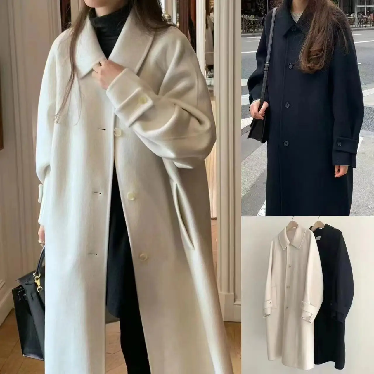 

Handmade Double-Faced Woolen Long Coat mat Lapel Oversize Slimming 00% Wool Commute Sle Autumn Outerwear
