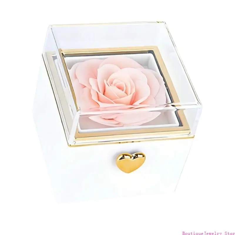 E1PE Rotating Jewelry Holder with Delicate Artificial Flower Storage Box Plastic and Metal Texture for Anniversaries