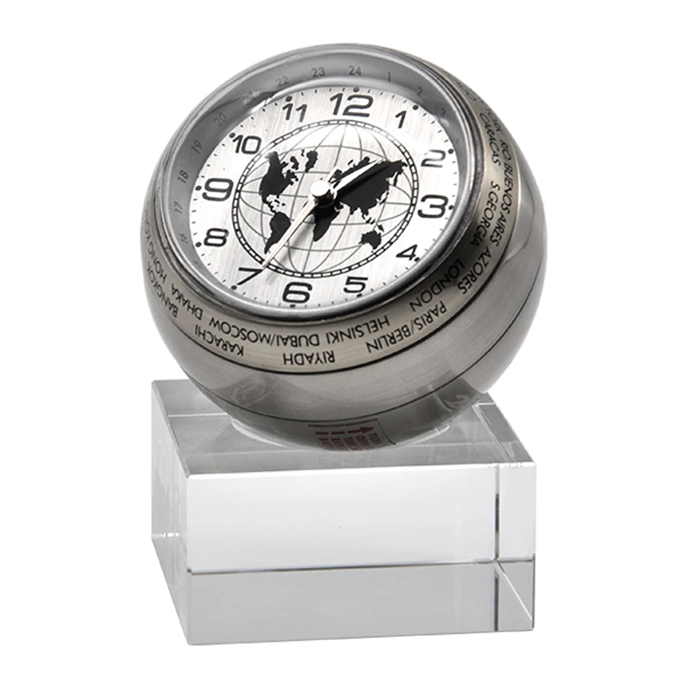 

High Quality World Time Clock Reloj With Crystal Base Office Home Metal Quartz Desk Clock