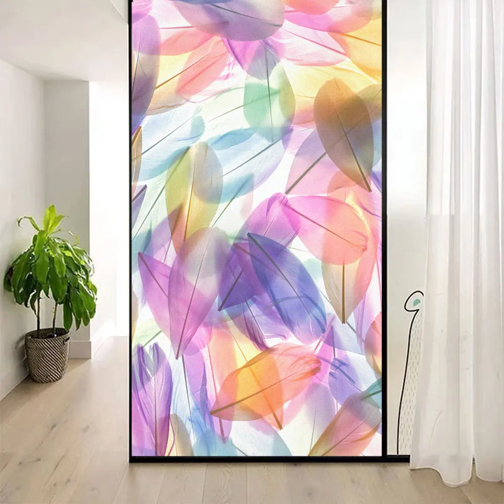 

PVC Privacy Window Film Colored Feather Pattern Frosted Glass Door Film Anti UV Glue-Free Static Cling Glass Window Sticker