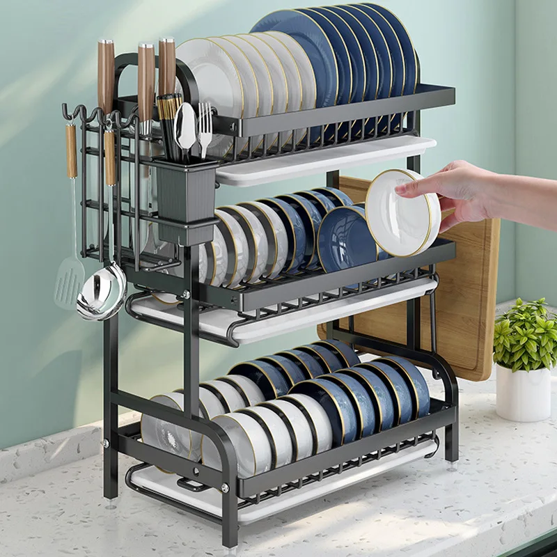 Dish Drying Rack 3-Tier Compact Kitchen Dish Rack Drainboard Set Large Rust-Proof Dish Drainer with Utensil Holder Kitchen Racks