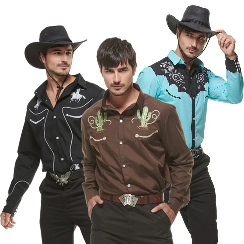 2022 nuove camicie occidentali per uomo Costume da Cowboy nero di Halloween per adulti confortevole camicia abbottonata manica lunga adatta per feste