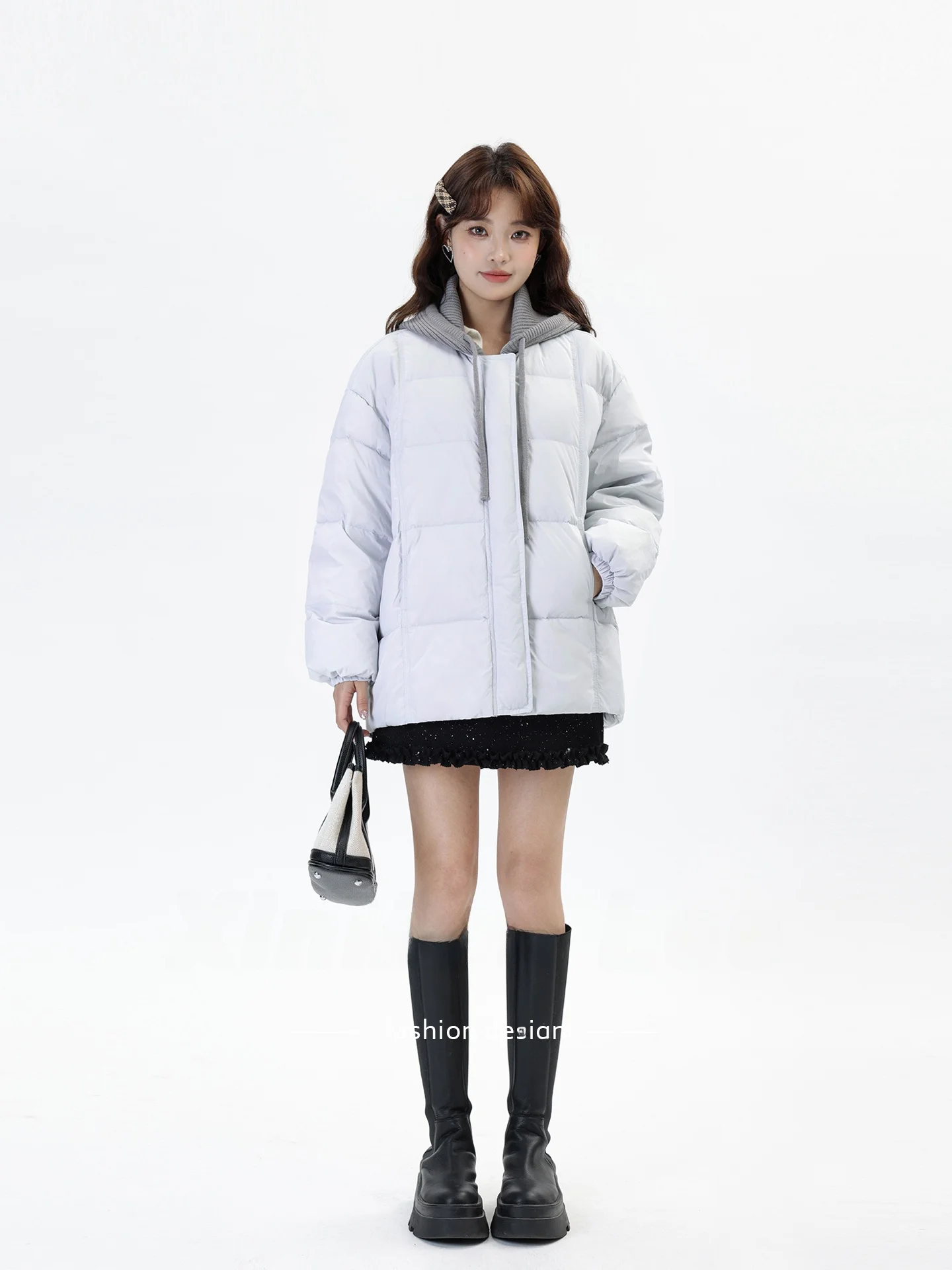 

Корейская вязаная легкая теплая пуховая куртка средней длины с капюшоном, женская зимняя верхняя одежда, новинка