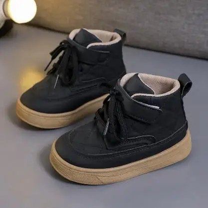 Children Leather Boots High Top Autumn Winter New Sneaker Boys Shoes Casual Shoe Lace Up Fashion Chunky Sneakers for Kids