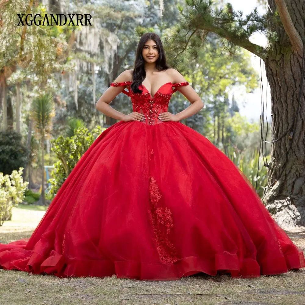 

Красное бальное платье по индивидуальному заказу, платья Quinceanera, 2025 г., аппликации из бисера, кружевной корсет, Vestidos De 15 лет, пышные платья для дня рождения