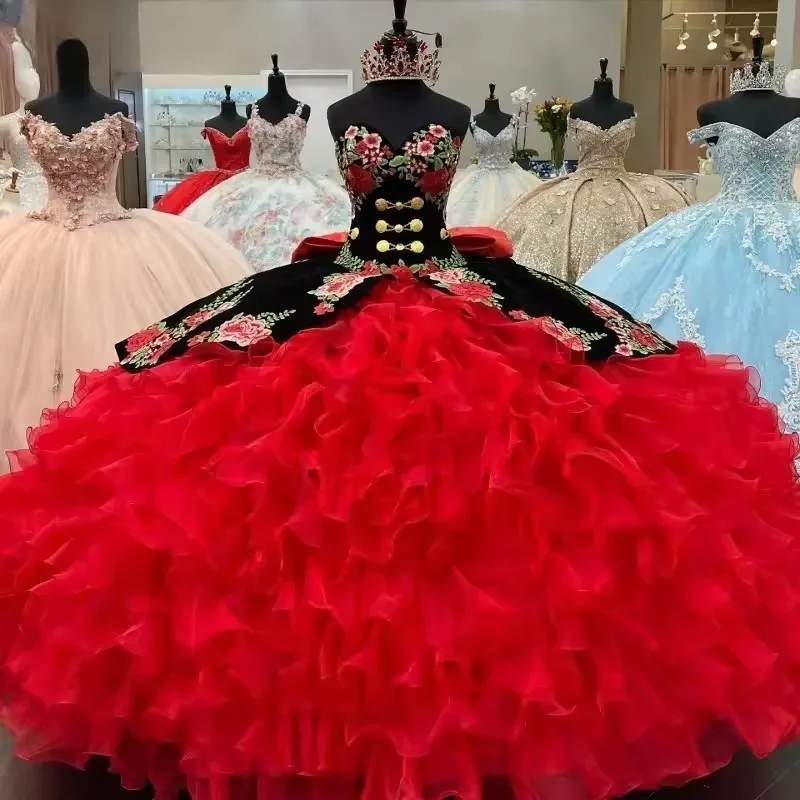 

2026 Красное Золото Принцесса Quinceanera Платья Бальное Платье Милая Органза Аппликации Sweet 16 Платья 15 Años Мексиканские Индивидуальные