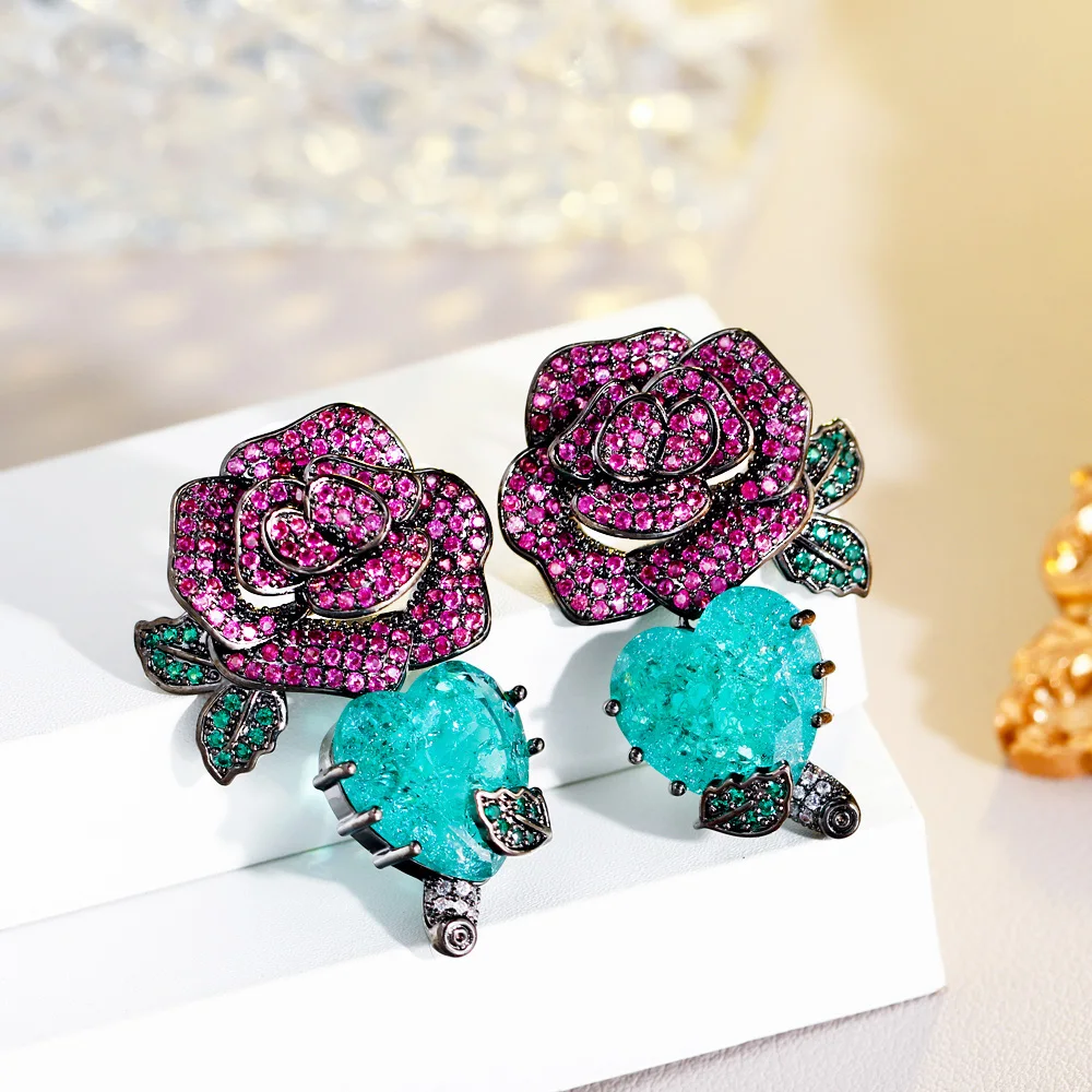 CWWZircons Beliebte Kreative Rosa Rote CZ Große Blumen-Herz-Hängeohrringe für Verlobung und Festlichkeiten für Damen Großhandel E0884 – Detail 4