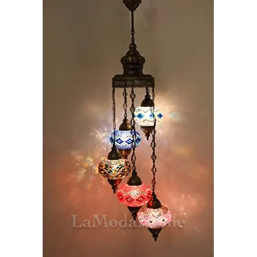 LaModaHome 40 + Unique Colors, 2020 Customizable Chandelier 5 Globes + Free 5 Bulbs, stunning Mosaic Turkish Lamp Moroccan Light