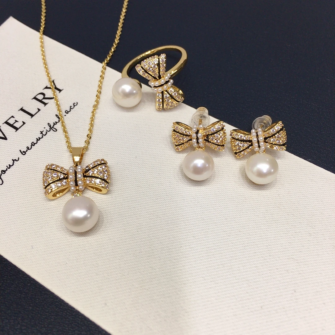 

5A grade high brightness flawless sweet bow natural freshwater pearl pendant earring ring set gift