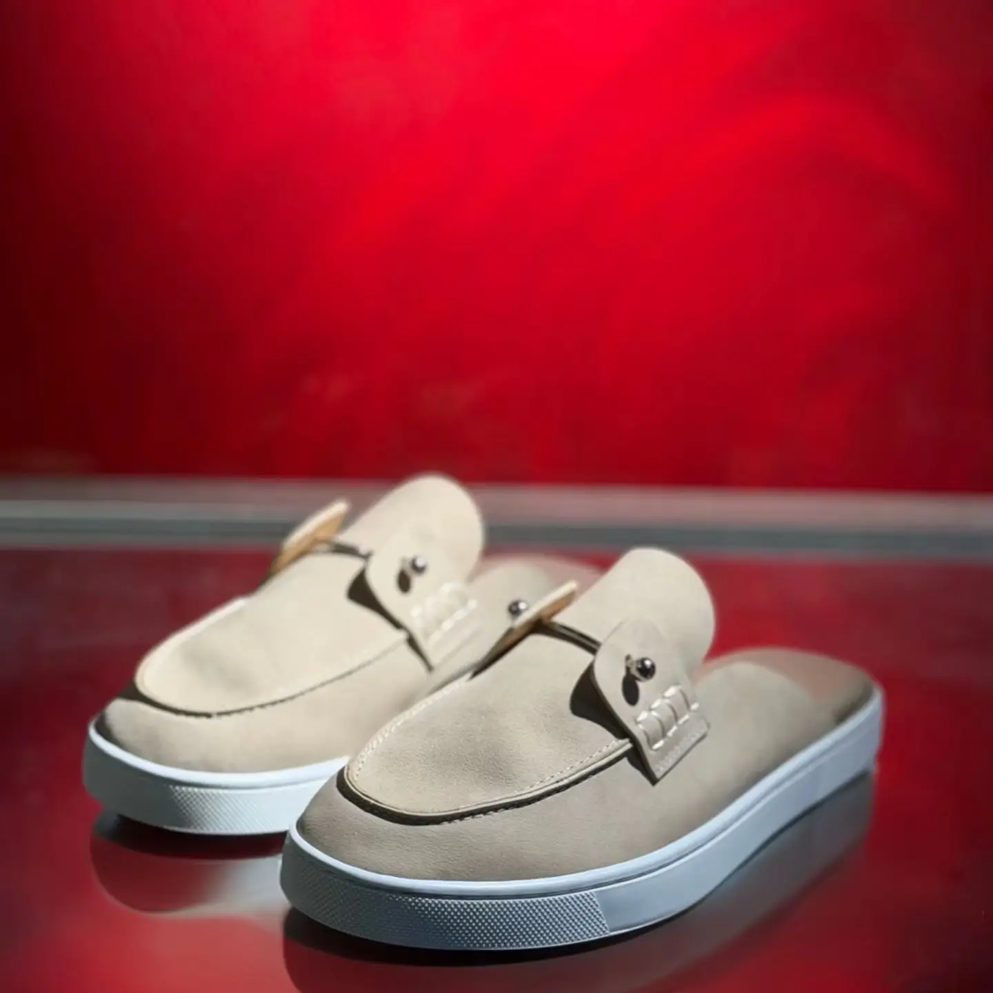 Luxury Beige Suede Leather Loafers, Men Metal Buckle Shoes Slip On Loafers, Red Bottom Casual Backless Flat Slipper Shoes Summer
