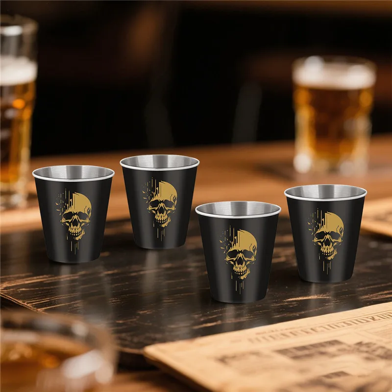 4pcs/set 70ml/2.39oz Skull Head Pattern Shot Glasses Metal Wine Liquor Cups for Kitchen Club Party Barware Event Wedding Gift