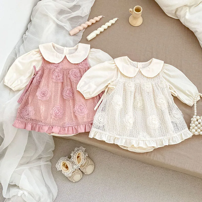 2024 New Autumn 0-24M Children Clothes Newborn Baby Girls Long Sleeved Cotton Bodysuits+Lace Dress Korean Style Climbing Suit