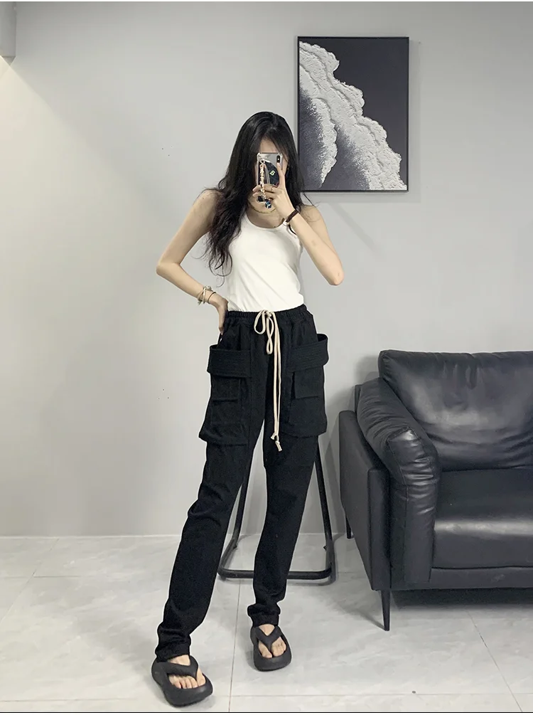 Rick Cargo Pants 24FW Y2k Higher Quality Men's Pants Solid Black Double-ring Owens Trousers Casual Streetwear Slim Cargo Pants