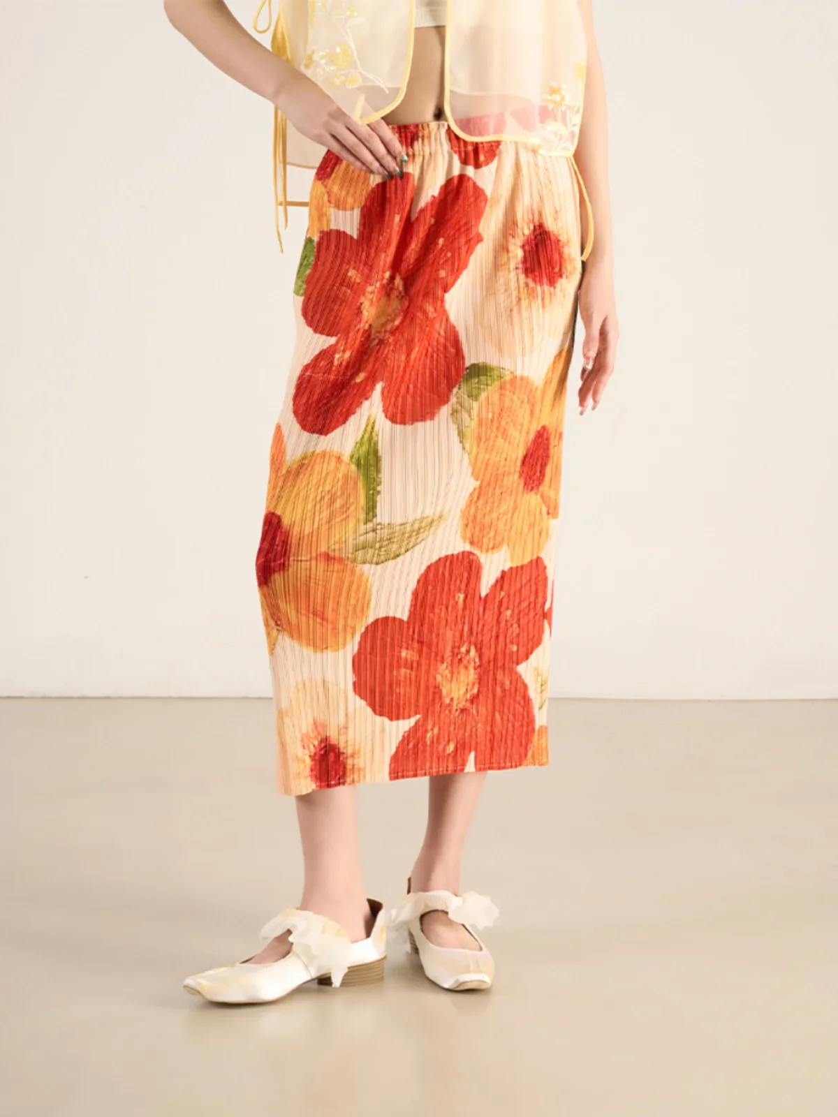 

LANVIVIER Summer Bright Color Big Flower Print Elastic High Waist Pleated Straight f Skirt Women's Creative Personali Sle