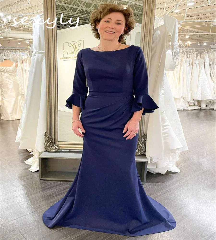 Robe sirène élégante pour la mère de la mariée, bleu marine, longueur au sol, robe d'invité de mariage avec manches, soirée personnalisée