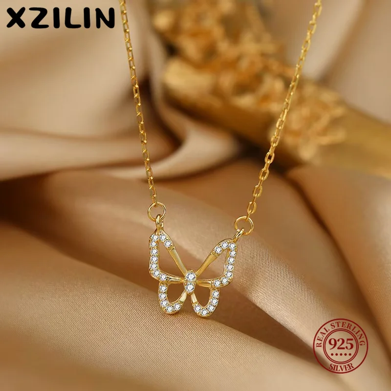 

XZiLin S925 Sterling Silver Exquisite Luxury Clear Cz Flying Butterfly Animal Necklace For Women Girls Party Accessories Jewelry
