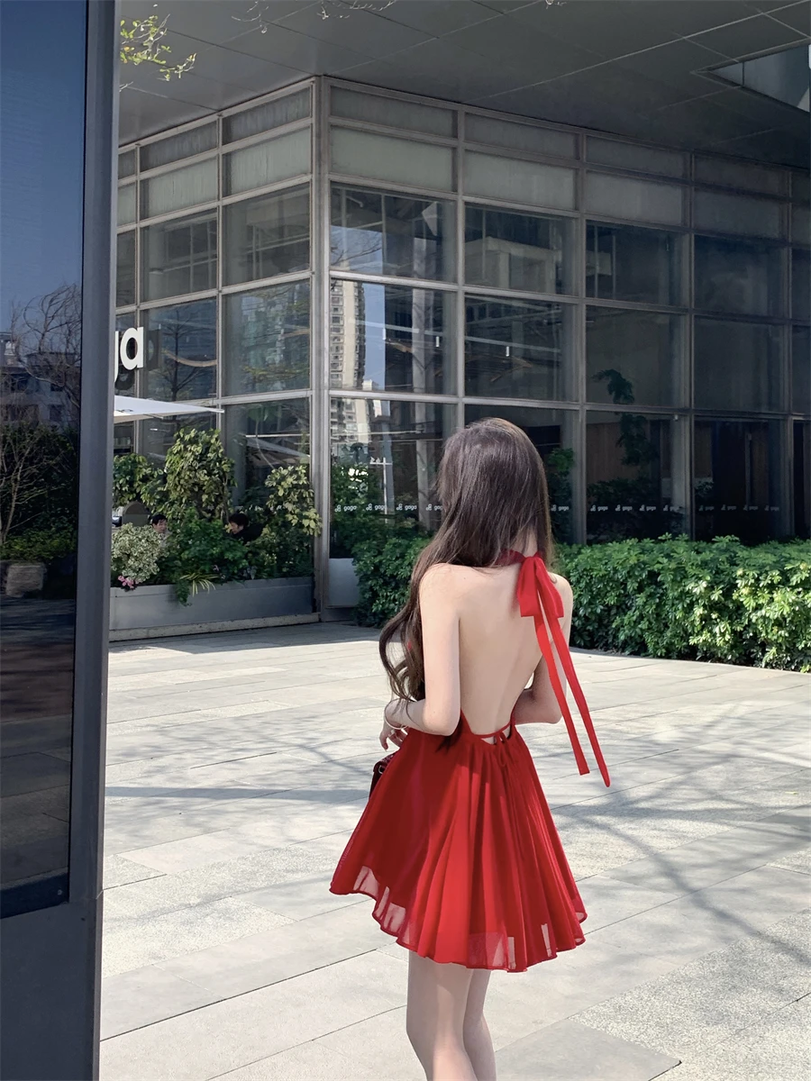 Red Sexy Bal Hanging Ne Dr Women's Summer Elegance Pure Desire ort Skirt Korean Sle  Knot Waist Cinch