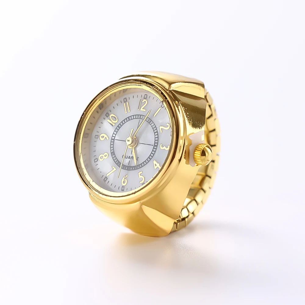 JewelryWe Vrouwen Mannen Vinger Horloge Ronde Analoge Quartz Ring Horloges, Verstelbare Maat, Goud, riem