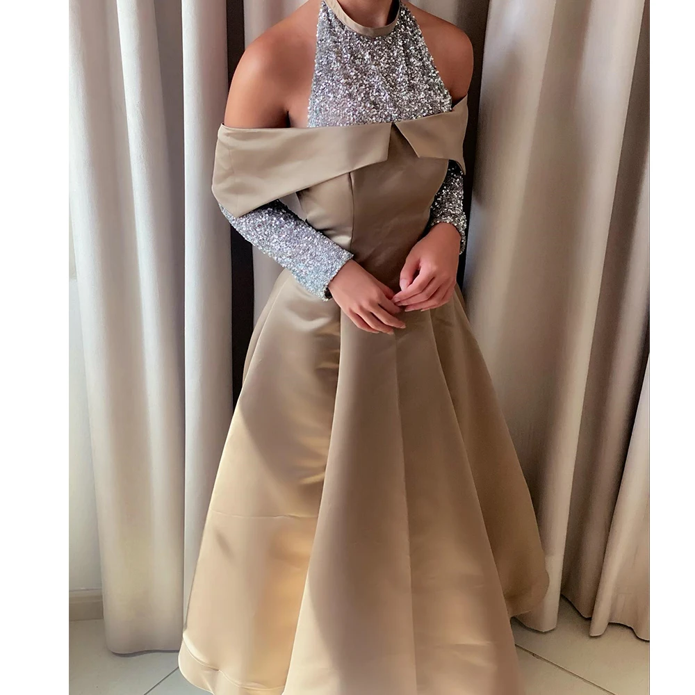 Customized Sexy Satin A-Line Off the Shoulder Crystal Evening Dress Temperament Floor Length Long Sleeves vestidos para mujer