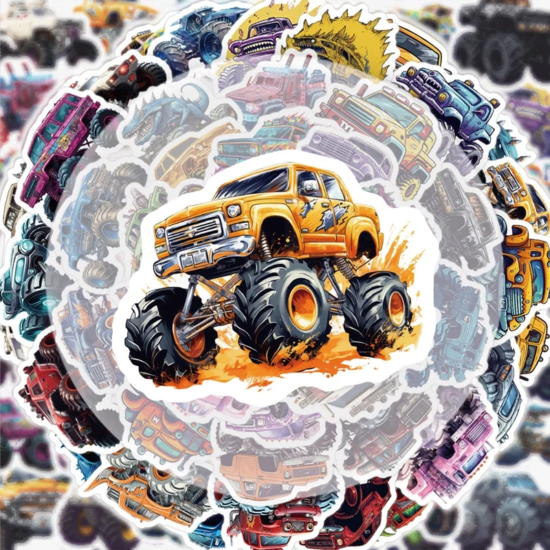 50 Monster Truck Stickers, Vibrant Stickers and Decals, Multiple Styles, No Repetitions, Suitable for Water Bottles, Laptops, Suitcases, Skateboards, Guitars, Party Decorations