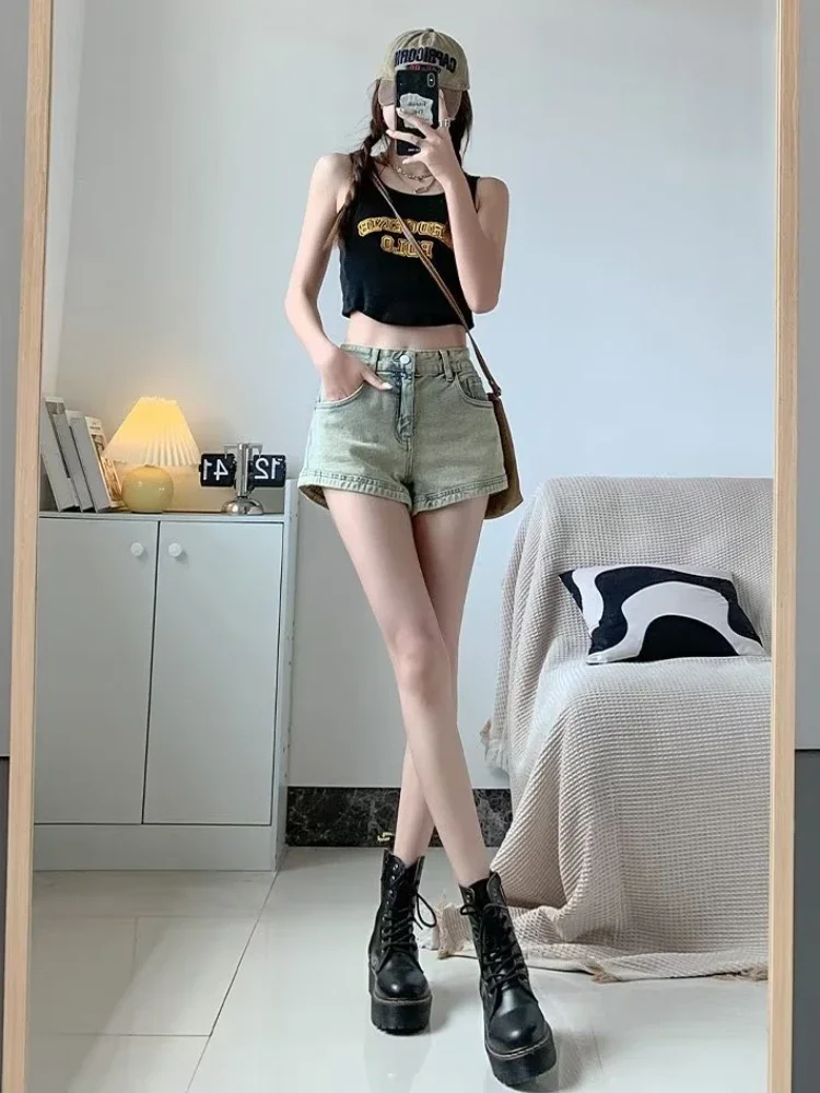 アメリカンレトロデニムショーツ女性夏ジッパーポケットワイドレッグファッションストリートウェアだぶだぶの韓国スタイルヴィンテージセクシーなストリートウェア