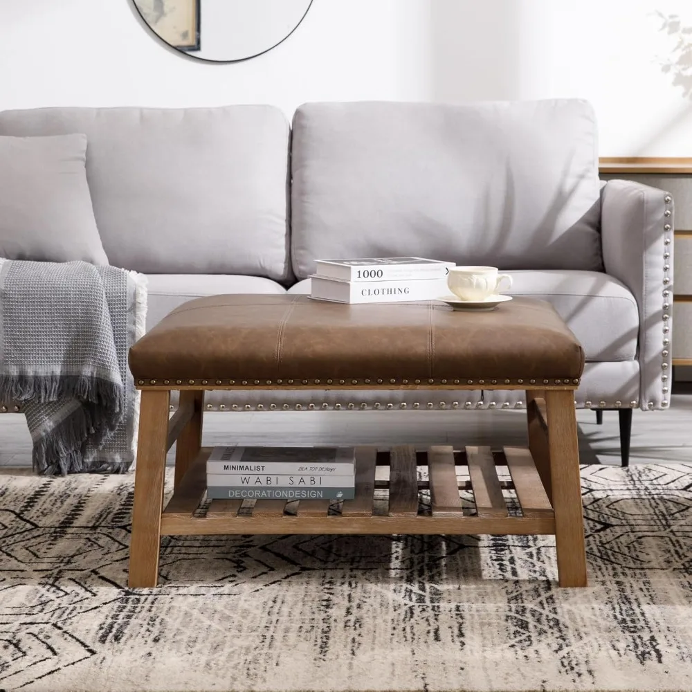 طاولة قهوة مربعة كبيرة مع مساحة تخزين، طاولة قهوة عثمانية حديثة من الجلد الصناعي، طاولة أريكة منجدة فاخرة لغرفة المعيشة/S #3