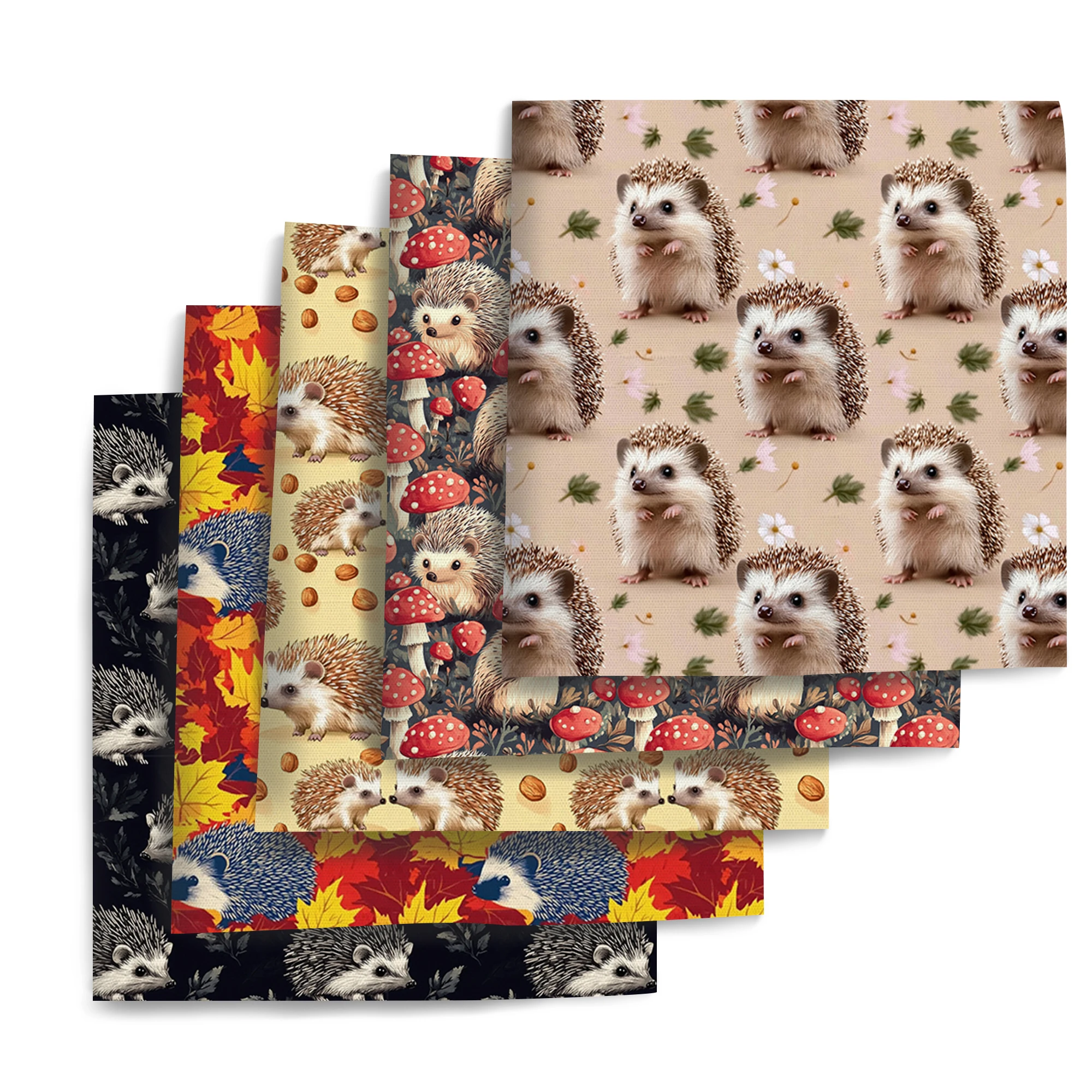Animal Hedgehog Themed Fabric Bundle 5pcs Assorted Colors Pre Cut Polyester Quilting Squares for DIY Crafts Gift Wrapping